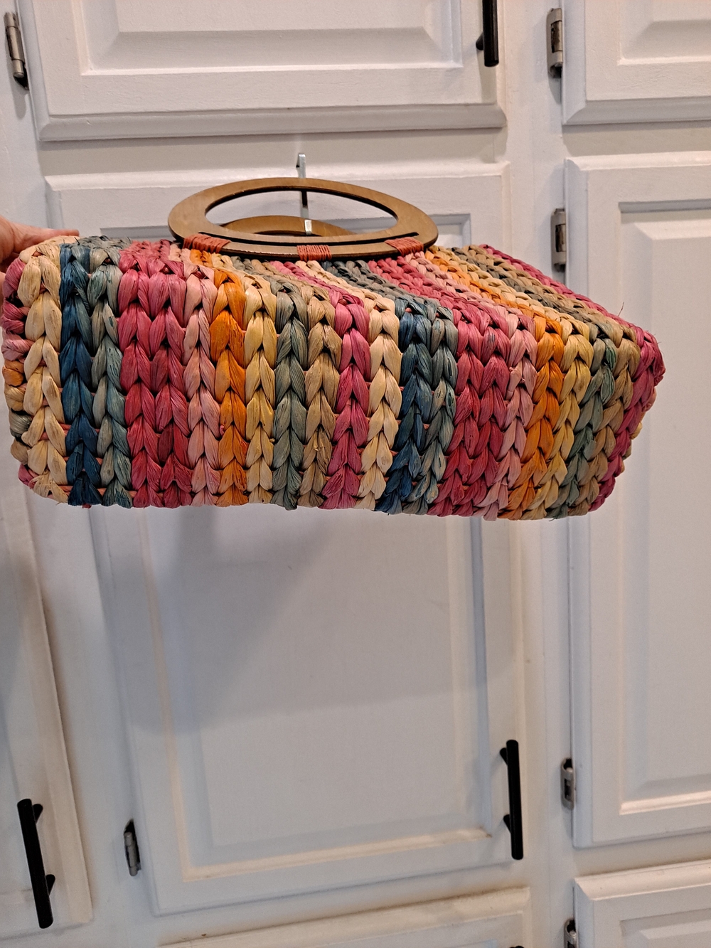 Cappelli Straworld Rainbow Braided Straw Tote w/Wooden Oval Handles Vintage Boho - Picture 5 of 10